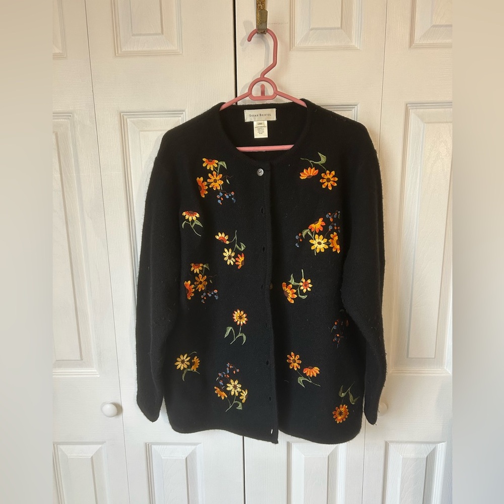 Vintage Susan Bristol Black Cardigan with Floral Embroidery